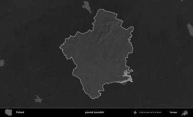 powiat suwalski. Polonya 'nın idari bölgesi kararmış bir gri tonlama yükseklik haritasına vurgulandı ve özetlendi