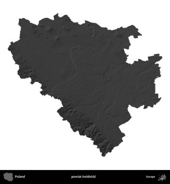 powiat swidnicki. Polonya 'nın idari bölgesi gri ölçekli yükseklik haritasında beyaza izole edildi