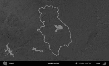 gmina Szczecinek. Polonya 'nın idari bölgesini gri ölçekli bir yükseklik haritasında özetledim