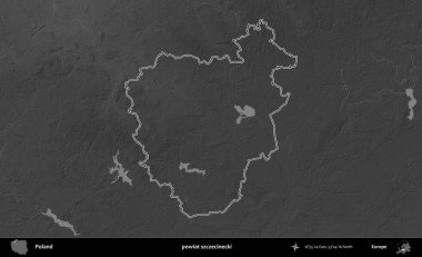 powiat szczecinecki. Polonya 'nın idari bölgesini gri ölçekli bir yükseklik haritasında özetledim