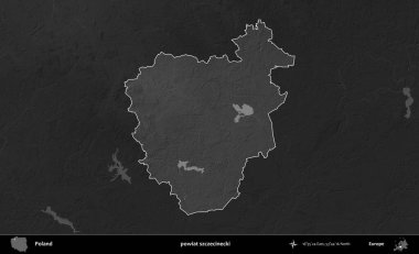 powiat szczecinecki. Polonya 'nın idari bölgesi kararmış bir gri tonlama yükseklik haritasına vurgulandı ve özetlendi