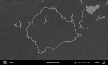 powiat szczycienski. Polonya 'nın idari bölgesini gri ölçekli bir yükseklik haritasında özetledim