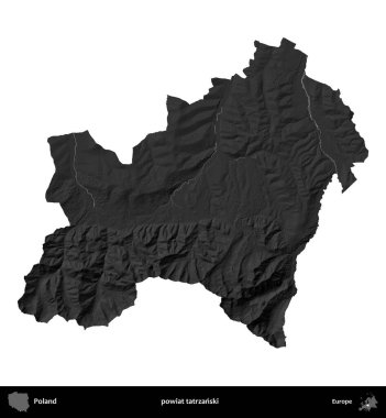 powiat tatrzanski. Polonya 'nın idari bölgesi gri ölçekli yükseklik haritasında beyaza izole edildi