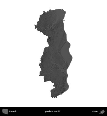 Powiat tzewski. Polonya 'nın idari bölgesi gri ölçekli yükseklik haritasında beyaza izole edildi