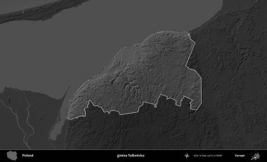 gmina Tolkmicko. Polonya 'nın idari bölgesi kararmış bir gri tonlama yükseklik haritasına vurgulandı ve özetlendi