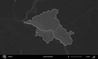 Powiat Torski. Polonya 'nın idari bölgesi kararmış bir gri tonlama yükseklik haritasına vurgulandı ve özetlendi