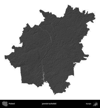 powiat tucholski. Polonya 'nın idari bölgesi gri ölçekli yükseklik haritasında beyaza izole edildi