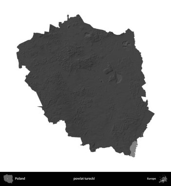 powiat turecki. Polonya 'nın idari bölgesi gri ölçekli yükseklik haritasında beyaza izole edildi