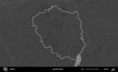 powiat turecki. Polonya 'nın idari bölgesini gri ölçekli bir yükseklik haritasında özetledim