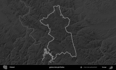 gmina Ustrzyki Dolne. Polonya 'nın idari bölgesini gri ölçekli bir yükseklik haritasında özetledim