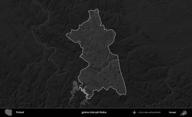 gmina Ustrzyki Dolne. Polonya 'nın idari bölgesi kararmış bir gri tonlama yükseklik haritasına vurgulandı ve özetlendi