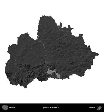 powiat wadowicki. Polonya 'nın idari bölgesi gri ölçekli yükseklik haritasında beyaza izole edildi