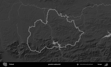 powiat wadowicki. Polonya 'nın idari bölgesini gri ölçekli bir yükseklik haritasında özetledim