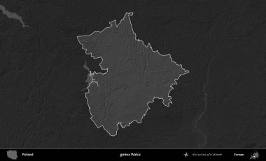 gmina Walcz. Polonya 'nın idari bölgesi kararmış bir gri tonlama yükseklik haritasına vurgulandı ve özetlendi