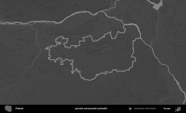 powiat warszawski zachodni. Polonya 'nın idari bölgesini gri ölçekli bir yükseklik haritasında özetledim
