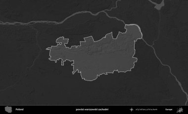 powiat warszawski zachodni. Polonya 'nın idari bölgesi kararmış bir gri tonlama yükseklik haritasına vurgulandı ve özetlendi