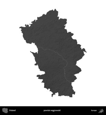 Powiat Wegroski. Polonya 'nın idari bölgesi gri ölçekli yükseklik haritasında beyaza izole edildi