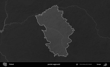 Powiat Wegroski. Polonya 'nın idari bölgesi kararmış bir gri tonlama yükseklik haritasına vurgulandı ve özetlendi