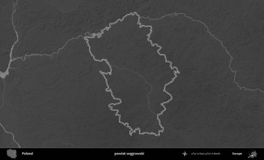 Powiat Wegroski. Polonya 'nın idari bölgesini gri ölçekli bir yükseklik haritasında özetledim