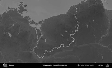 wojewodz2 zachodniopomorskie. Polonya 'nın idari bölgesini gri ölçekli bir yükseklik haritasında özetledim
