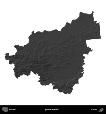 powiat wielicki. Polonya 'nın idari bölgesi gri ölçekli yükseklik haritasında beyaza izole edildi