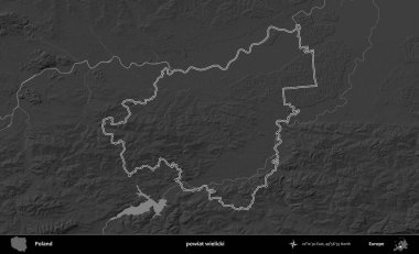 powiat wielicki. Polonya 'nın idari bölgesini gri ölçekli bir yükseklik haritasında özetledim