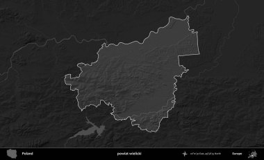 powiat wielicki. Polonya 'nın idari bölgesi kararmış bir gri tonlama yükseklik haritasına vurgulandı ve özetlendi