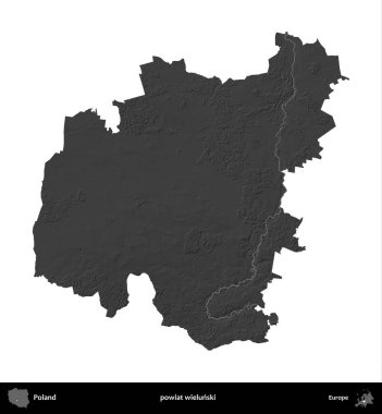 powiat wielunski. Polonya 'nın idari bölgesi gri ölçekli yükseklik haritasında beyaza izole edildi
