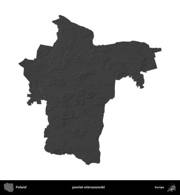 powiat wieruszowski. Polonya 'nın idari bölgesi gri ölçekli yükseklik haritasında beyaza izole edildi