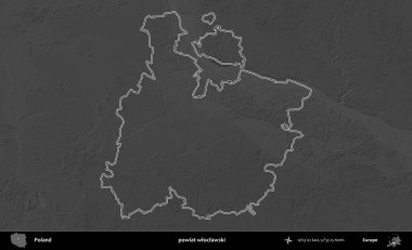 powiat wloclawski. Polonya 'nın idari bölgesini gri ölçekli bir yükseklik haritasında özetledim