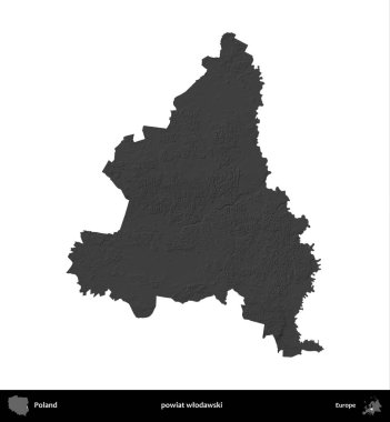 powiat wlodawski. Polonya 'nın idari bölgesi gri ölçekli yükseklik haritasında beyaza izole edildi