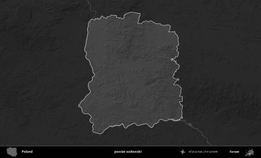 powiat wolowski. Polonya 'nın idari bölgesi kararmış bir gri tonlama yükseklik haritasına vurgulandı ve özetlendi