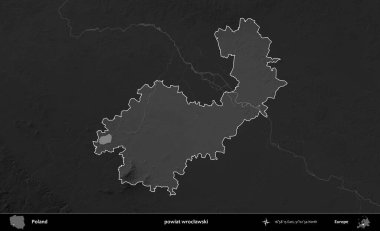powiat wroclawski. Polonya 'nın idari bölgesi kararmış bir gri tonlama yükseklik haritasına vurgulandı ve özetlendi