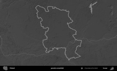 powiat wrzesinski. Polonya 'nın idari bölgesini gri ölçekli bir yükseklik haritasında özetledim
