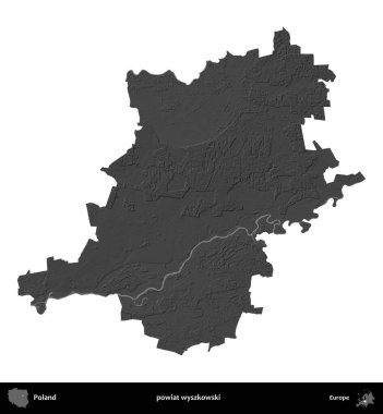powiat wyszkowski. Polonya 'nın idari bölgesi gri ölçekli yükseklik haritasında beyaza izole edildi