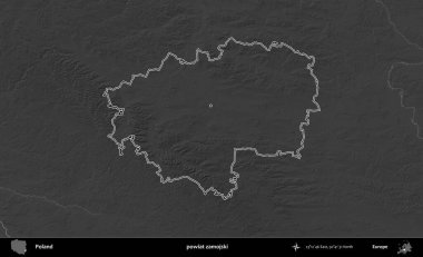 powiat zamojski. Polonya 'nın idari bölgesini gri ölçekli bir yükseklik haritasında özetledim