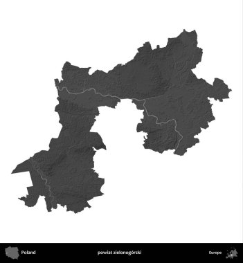 powiat zielonogorski. Polonya 'nın idari bölgesi gri ölçekli yükseklik haritasında beyaza izole edildi