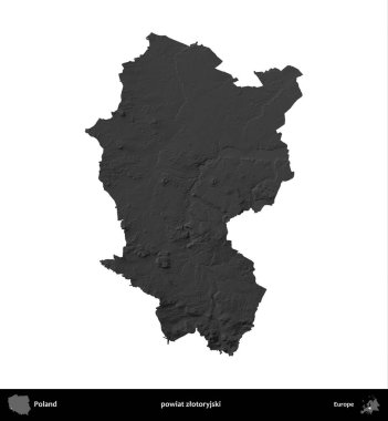 powiat zlotoryjski. Polonya 'nın idari bölgesi gri ölçekli yükseklik haritasında beyaza izole edildi