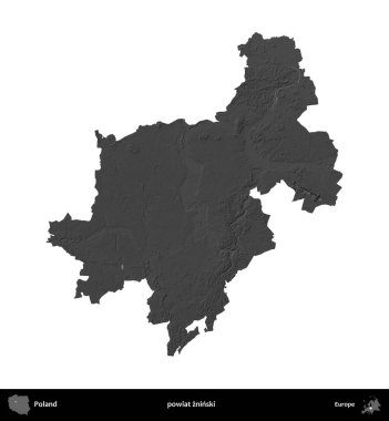 powiat zninski. Polonya 'nın idari bölgesi gri ölçekli yükseklik haritasında beyaza izole edildi