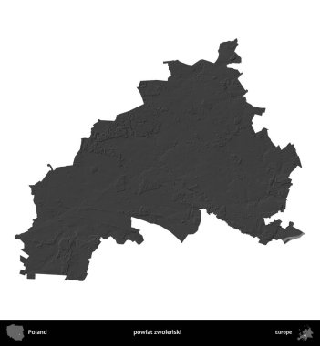 powiat zwolenski. Polonya 'nın idari bölgesi gri ölçekli yükseklik haritasında beyaza izole edildi