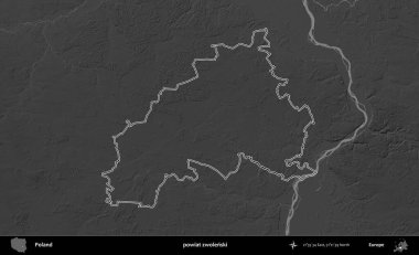 powiat zwolenski. Polonya 'nın idari bölgesini gri ölçekli bir yükseklik haritasında özetledim