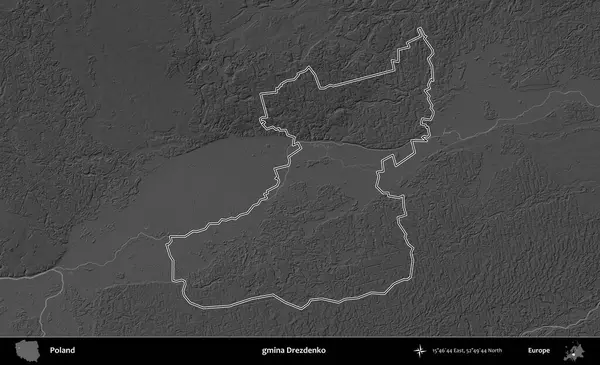 gmina Drezdenko. Polonya 'nın idari bölgesini gri ölçekli bir yükseklik haritasında özetledim