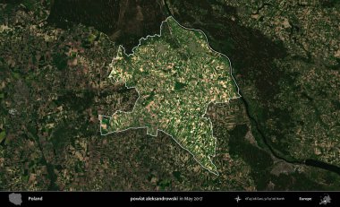 Powiat aleksanhipski. Polonya 'nın idari alanı, Mayıs 2017' de çekilen Kopernik Nöbetçi karolarından oluşan koyu renkli bir uydu görüntüsü üzerinde vurgulandı ve özetlendi.