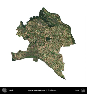 Powiat aleksanhipski. Polonya 'nın idari bölgesi, Ekim 2017' de çekilen Kopernik Nöbetçi karolarından oluşan bir uydu görüntüsü üzerinde beyaza izole edildi.