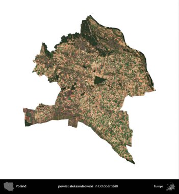 Powiat aleksanhipski. Polonya idari bölgesi, Ekim 2018 'de çekilen Kopernik Nöbetçi karolarından oluşan bir uydu görüntüsü üzerinde beyaza izole edildi.