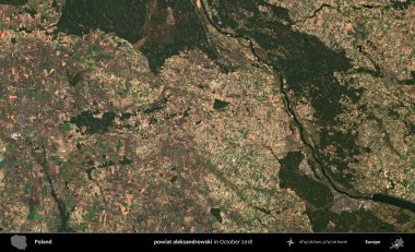 Powiat aleksanhipski. Polonya 'nın idari bölgesi, Ekim 2018' de çekilen Kopernik Sentinel karolarından oluşan bir uydu görüntüsü üzerine kurulmuştur.