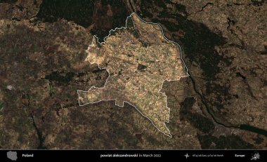 Powiat aleksanhipski. Polonya 'nın idari alanı, Mart 2022' de çekilen Kopernik Nöbetçi karolarından oluşan koyu renkli bir uydu görüntüsü üzerine vurgulandı ve özetlendi.