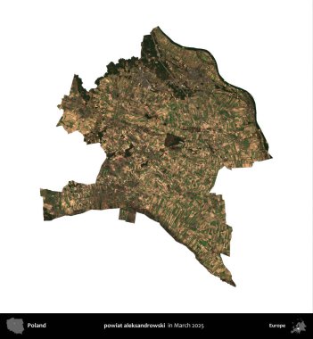 Powiat aleksanhipski. Polonya idari bölgesi, Mart 2025 'te çekilen Kopernik Nöbetçi karolarından oluşan bir uydu görüntüsü üzerinde beyaza izole edildi.