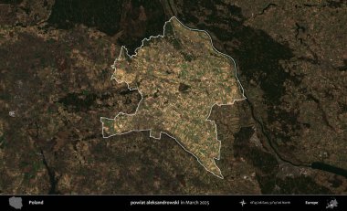 Powiat aleksanhipski. Polonya 'nın idari alanı, Mart 2025' te çekilen Kopernik Nöbetçi karolarından oluşan koyu renkli bir uydu görüntüsü üzerine vurgulandı ve özetlendi