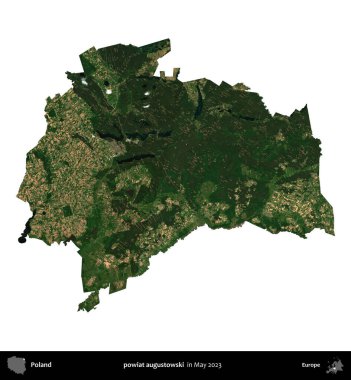 powiat augustowski. Polonya 'nın idari bölgesi, Mayıs 2023' te çekilen Kopernik Nöbetçi Fayanslarından oluşan bir uydu görüntüsüyle beyaza izole edildi.